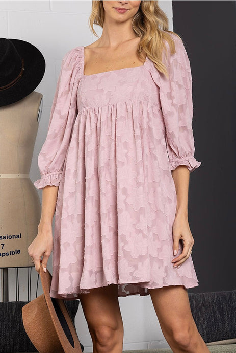 Square Neck Puff Sleeve Midi Dress- Dusty Rose