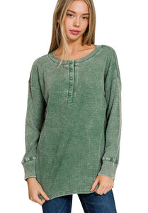 Henley Waffle Knit Top- Green