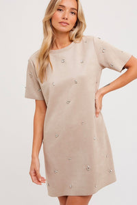 Rhinestone Faux Suede Shift Dress