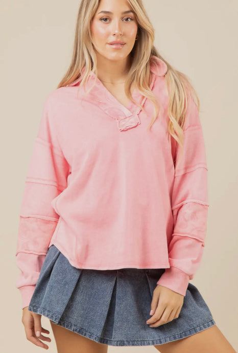 Washed Colorblock Paisely Contrast Knit- Pink