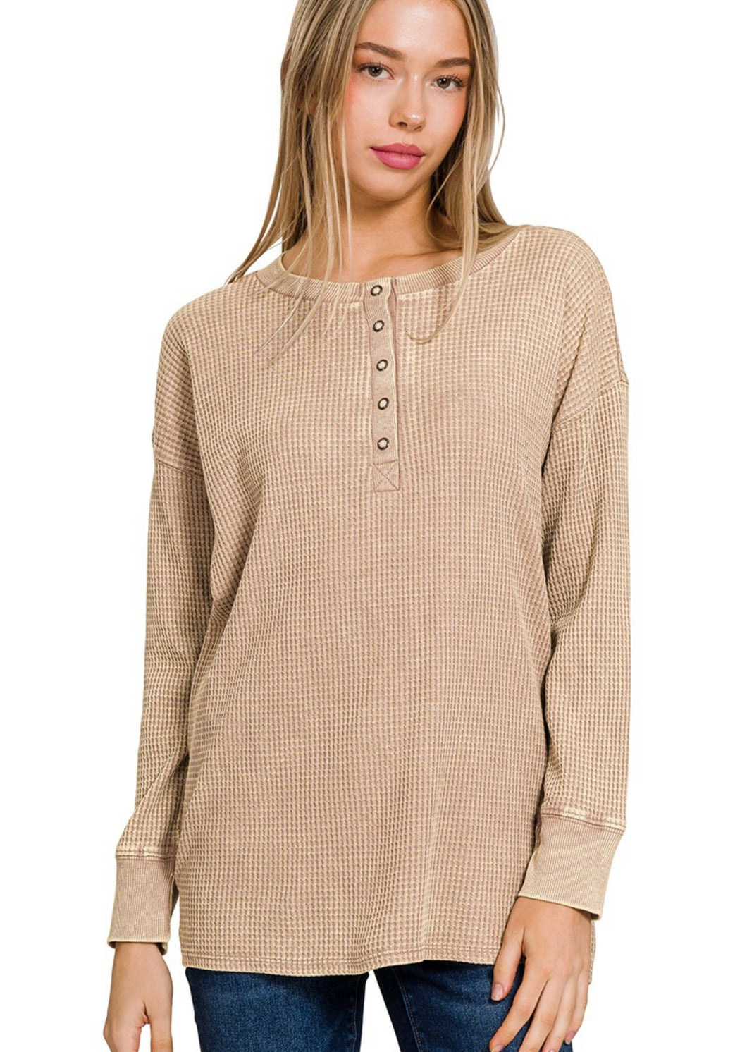 Henley Waffle Knit Top- Mocha