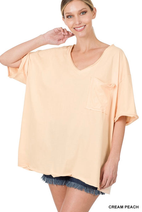 FRONT POCKET RAW EDGE BOYFRIEND TEE- Cream Peach