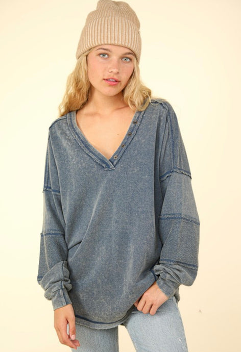 Washed Knit V-Neck Oversized Top- Denim