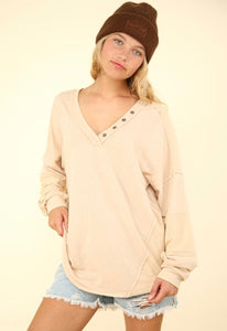 Washed Knit V-Neck Oversized Top- Beige