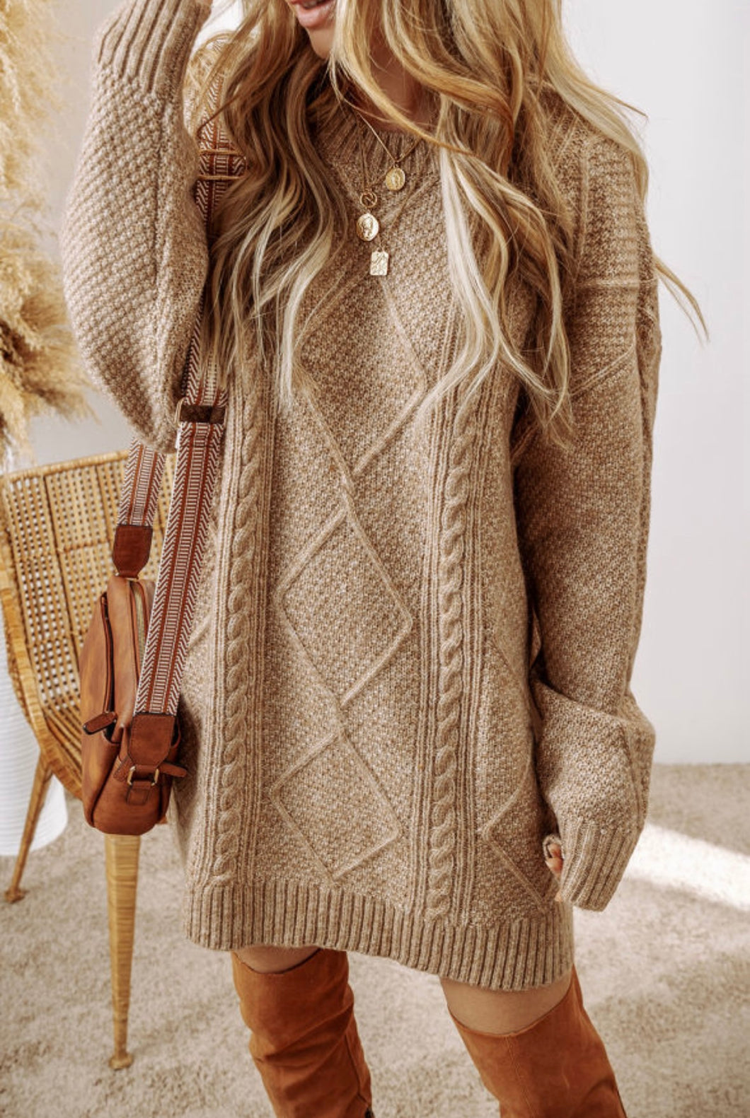 PREORDER Parchment Cable Knit Drop Shoulder Loose Fit Sweater Dress