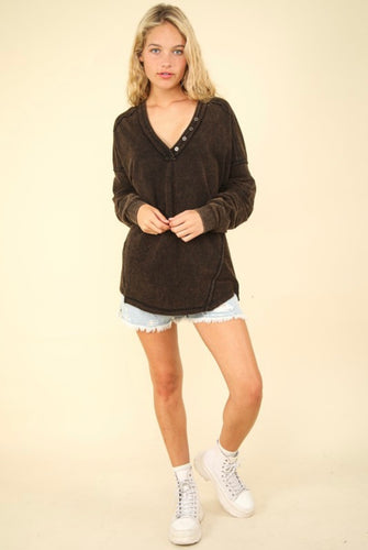 Washed Knit V-Neck Oversized Top- Black