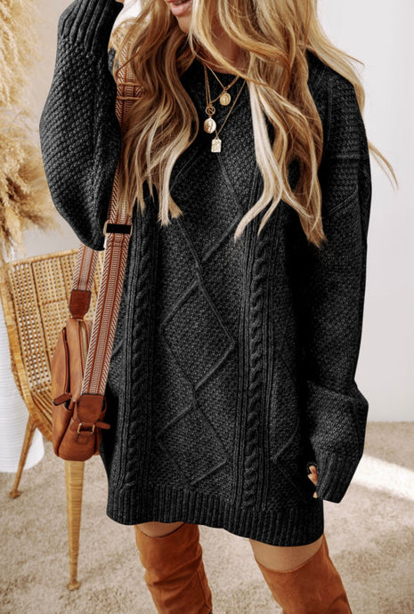 PREORDER Black Cable Knit Drop Shoulder Loose Fit Sweater Dress