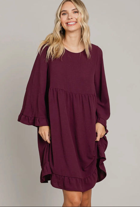 Plum Ruffled Edge Round Neck Dress