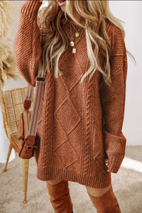 PREORDER Coffee Cable Knit Drop Shoulder Loose Fit Sweater Dress