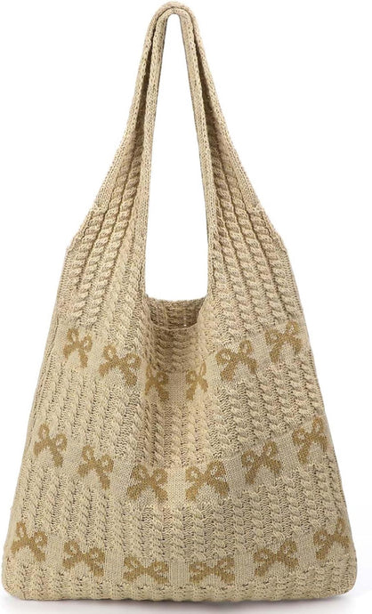 Ribbon Bow Woven
Crochet Tote Bag- Khaki