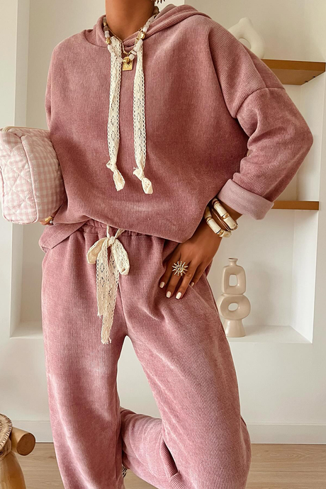 PREORDER Rose Lace/Leopard Drawstring Pullover Hoodie and High Waist Pants Corduroy Set