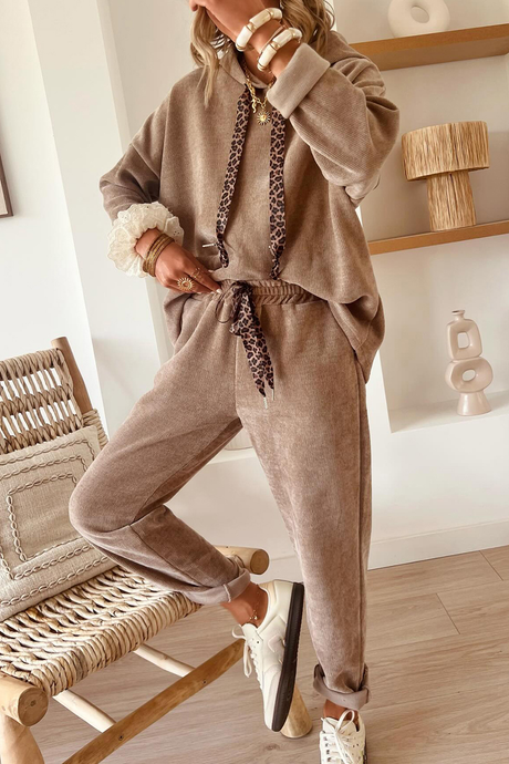 PREORDER Dark Khaki Leopard Drawstring Pullover Hoodie and High Waist Pants Corduroy Set