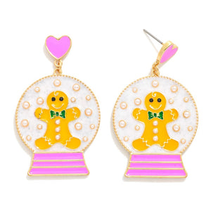 Gingerbread Man Snow Globe Post Drop Earrings