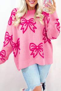 PREORDER Pink Bow Pattern Drop Shoulder Loose Sweater