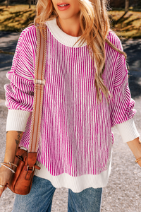 PREORDER Bright Pink Striped Textured Knit Contrast Edge Loose Sweater