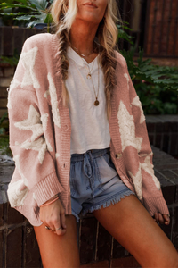 PREORDER Pink Sherpa Star Pattern Textured Sweater Cardigan with Pockets