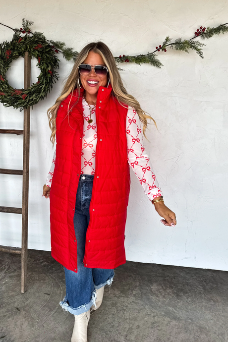 PREORDER- KENDALL LONG PUFFER VEST- RED
