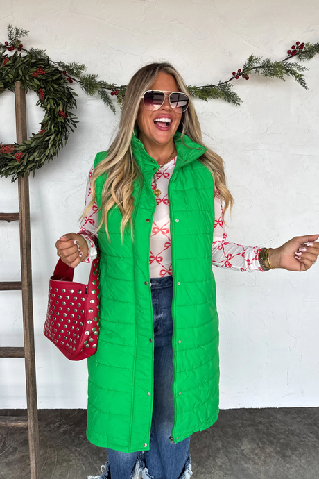 PREORDER- KENDALL LONG PUFFER VEST-GREEN