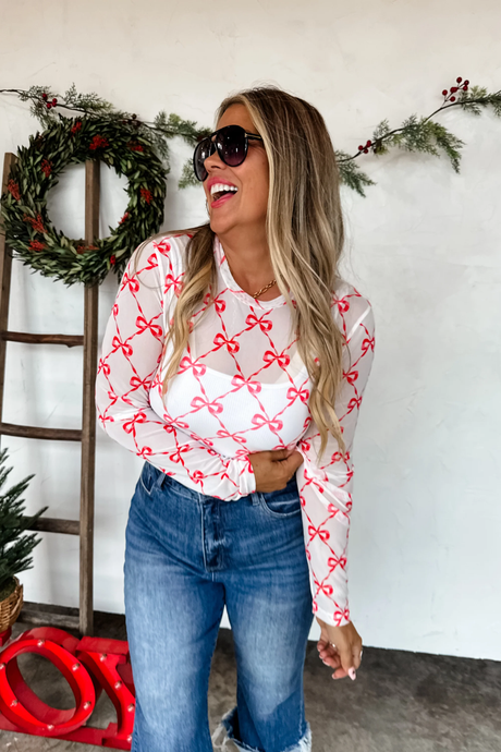 PREORDER- RED RIBBON BOWS MESH TOP