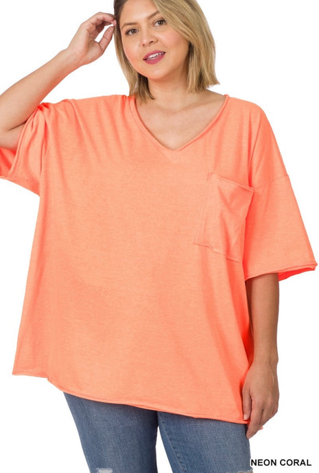 FRONT POCKET RAW EDGE BOYFRIEND TEE- Neon Coral