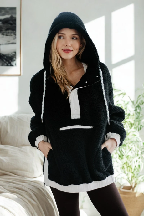 Black Two-Toned Sherpa Fleece Pullover