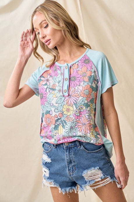 Multi Floral Button Top