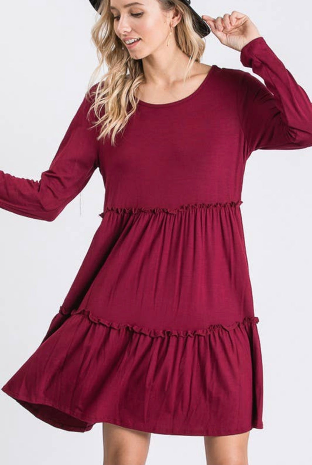 Maroon Long Sleeve Ruffle Dress