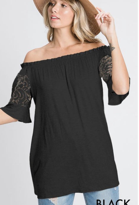 Black Lace Detail Off the Shoulder Top